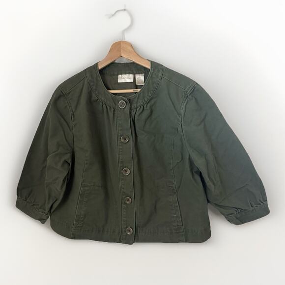 Studio Works Canvas Cropped Green Cotton 3/4 Sleeve Casual Career Fall Jacket XL - Picture 1 of 7